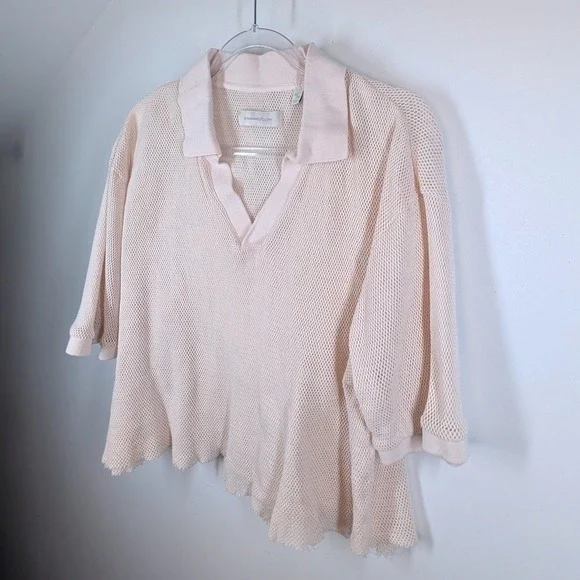 UA Standard Cloth Cream Open Knit Cropped Polo Short Sleeve V-Neck Shirt Beige - Picture 3 of 6